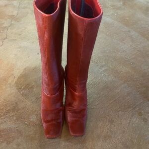 Chic Red Leather Heeled Boots